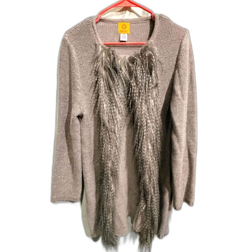 Ruby Rd Gray Silver Metallic Cardigan Women’s M Faux Fur Trim Open Front